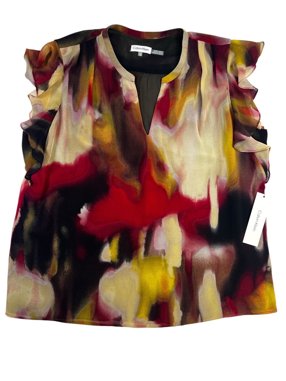 Calvin Klein XL Abstract Watercolor Ruffle Sleeve Blouse Sheer Layered Boho Top